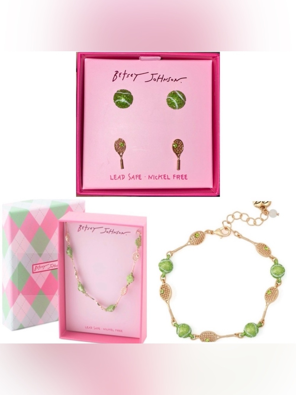BETSEY JOHNSON SET Tennis Racquet & Ball Link Necklace Bracelet & Earrings NWT